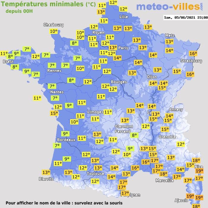 Températures minimales (°C) depuis 00h