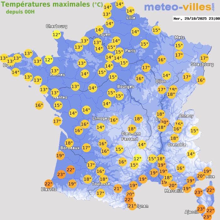 Températures maximales (°C) depuis 00h