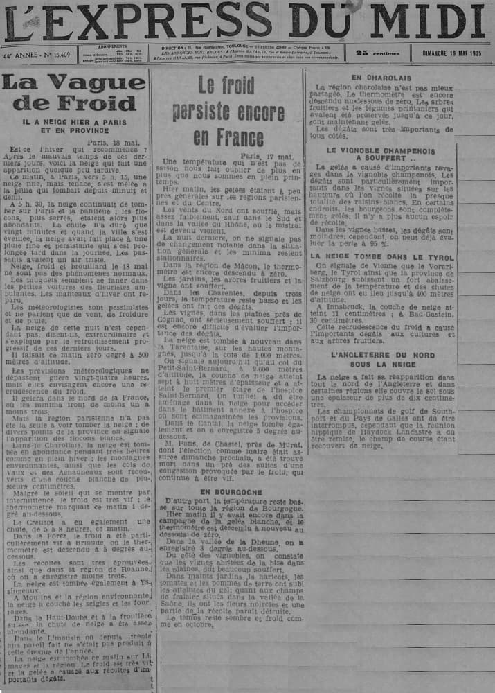 Image d'illustration pour Neige et froid exceptionnels mi-mai 1935, y compris à Paris