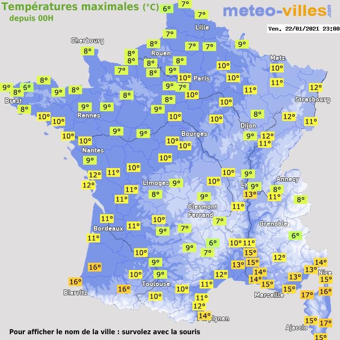 Températures maximales (°C) depuis 00h