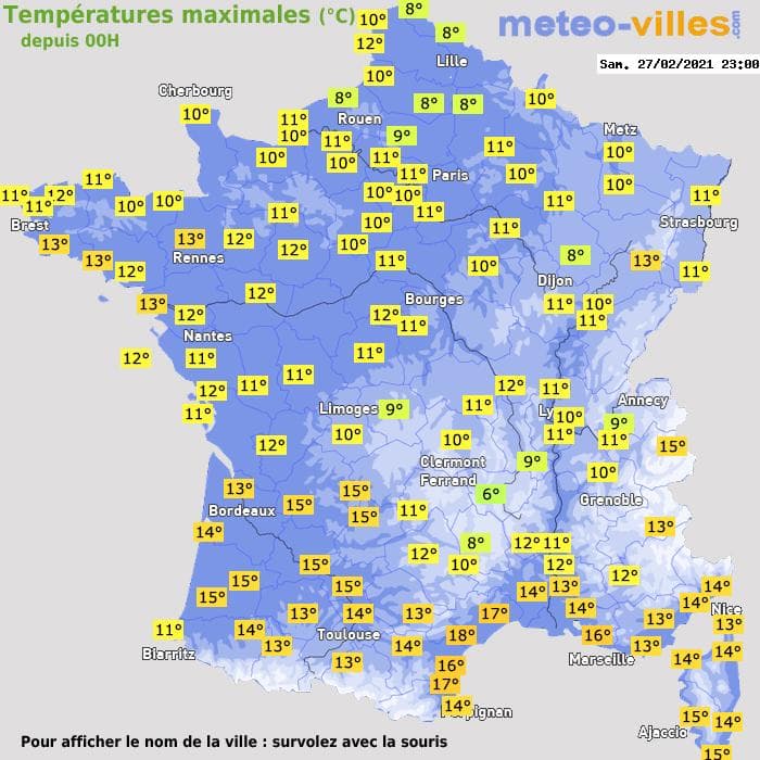 Températures maximales (°C) depuis 00h